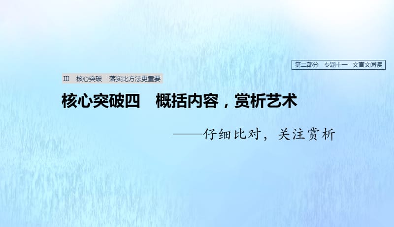 浙江专用2020版高考语文总复习专题十一文言文阅读Ⅲ核心突破四概括内容赏析艺术课件201904221132.pptx_第1页