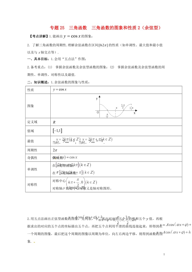 2019年高考数学高频考点揭秘与仿真测试专题25三角函数三角函数的图象和性质2余弦型文含解析2019.doc_第1页