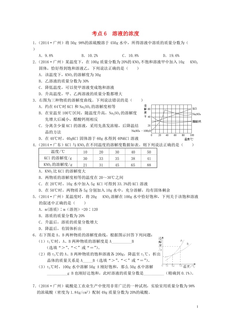 广东专版2017年中考化学专题练习考点6溶液的浓度无答案20170724255.doc_第1页