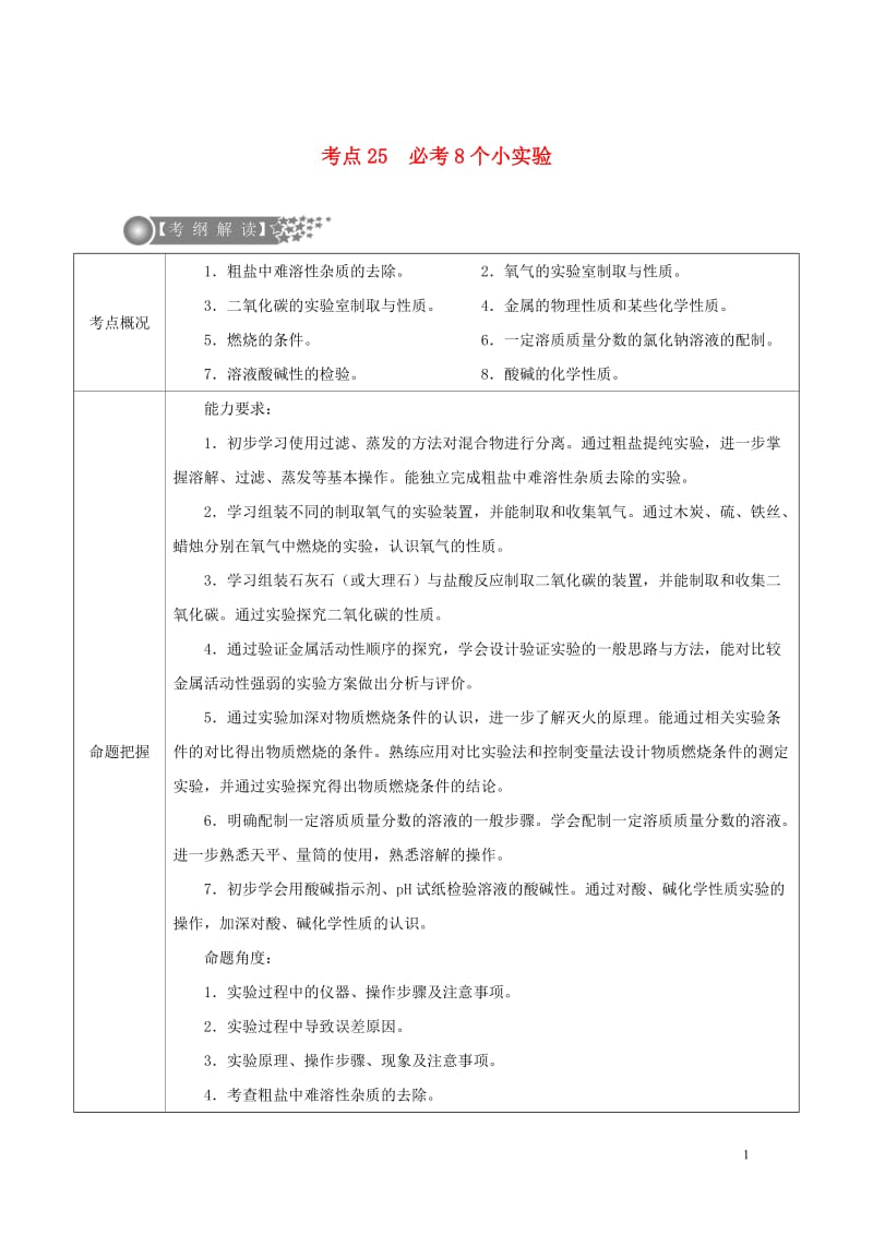 广东专版2017年中考化学二轮复习考点25必考8个小实验学案无答案20170724218.doc_第1页