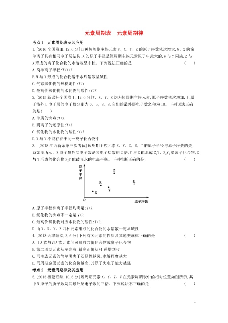 2019年高考化学总复习专题12元素周期表元素周期律习思用练习含解析20190509254.docx_第1页