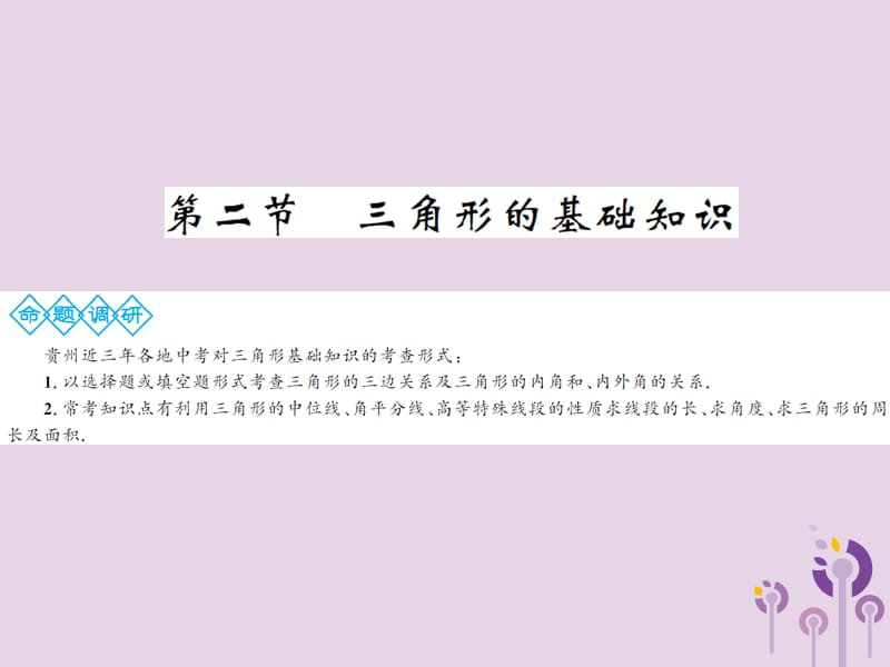 三洲版2019年中考数学总复习第四章图形的初步认识与三角形第二节三角形的基础知识课件.ppt_第1页