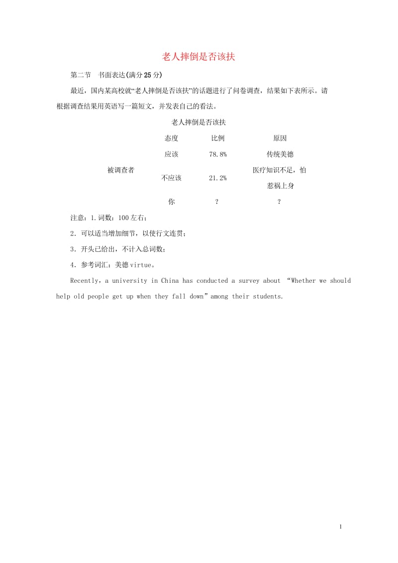 2019高中英语写作范文老人摔倒是否该扶议论文素材201905232109.wps_第1页