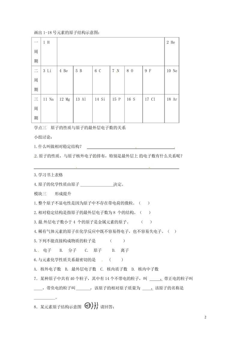 四川省成都市青白江区祥福镇九年级化学上册3.2.2原子核外电子排布导学案无答案新版新人教版20170.wps_第2页