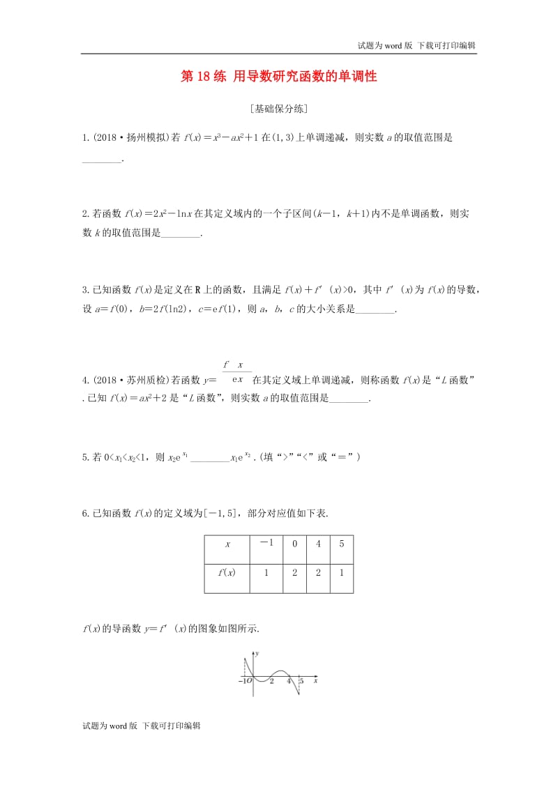 （江苏专用）2020版高考数学一轮复习加练半小时资料：专题3导数及其应用第18练用导数研究函数的单调性文（含解析）.docx_第1页