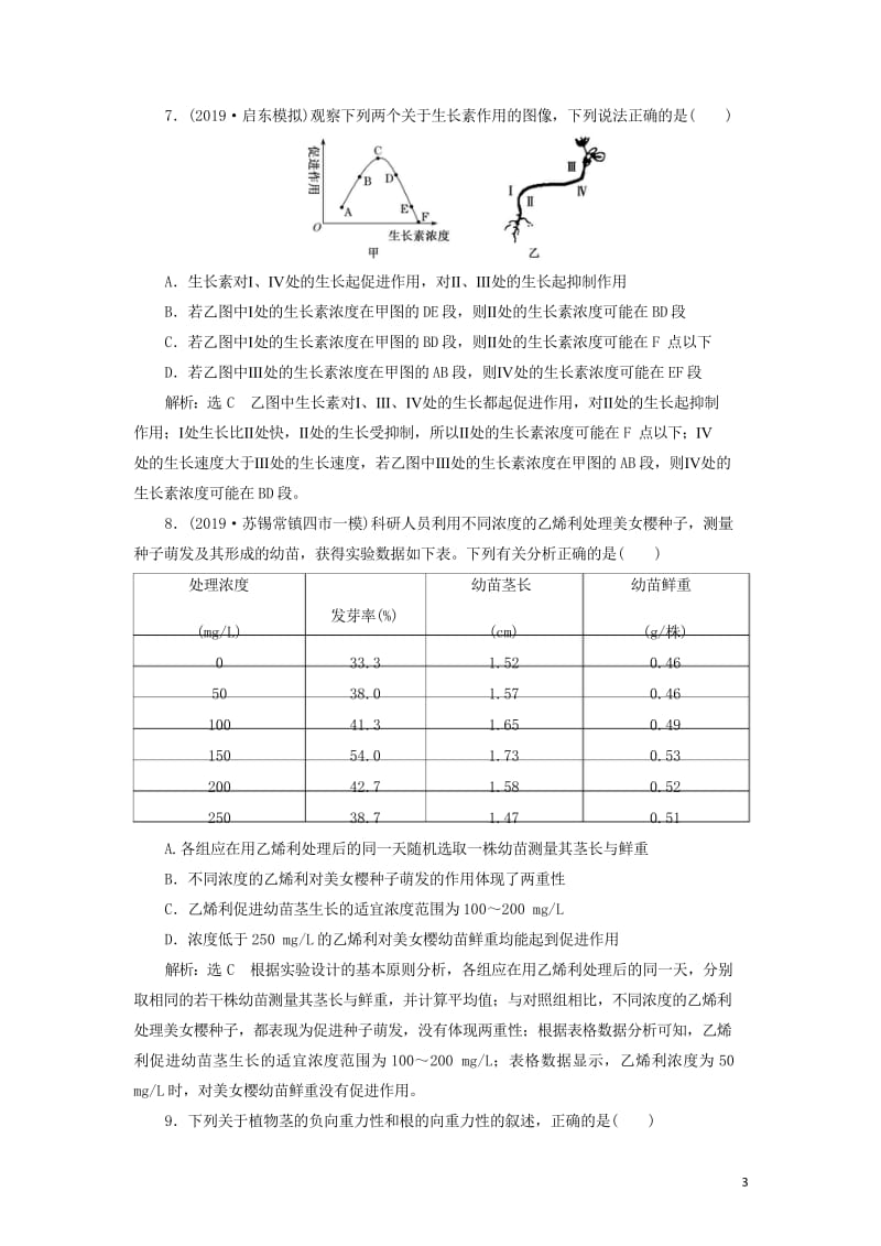 江苏专版2020版高考生物一轮复习课时跟踪检测三十二植物的激素调节含解析20190516264.wps_第3页