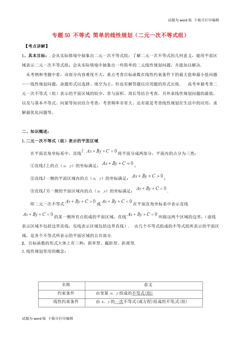 2019年高考数学高频考点揭秘与仿真测试专题50不等式简单的线性规划二元一次不等式组文含解.doc_第1页