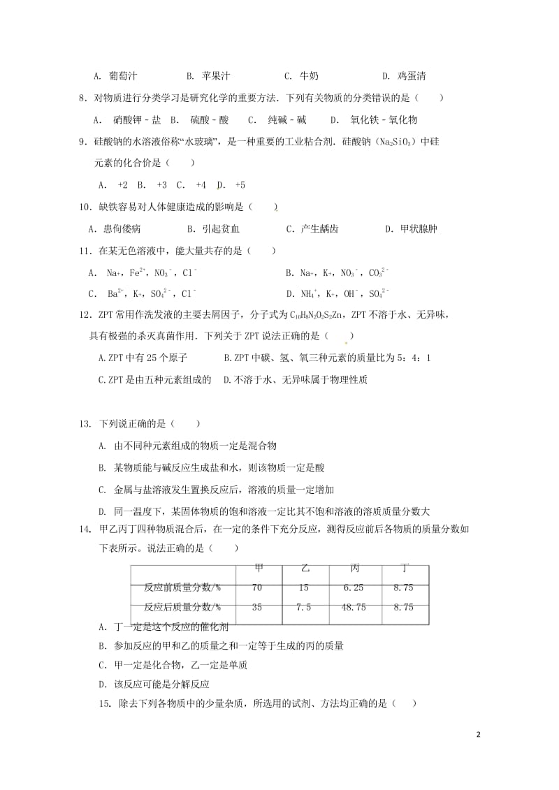 辽宁省大石桥市水源镇2017年中考化学模拟试题五20170721198.wps_第2页