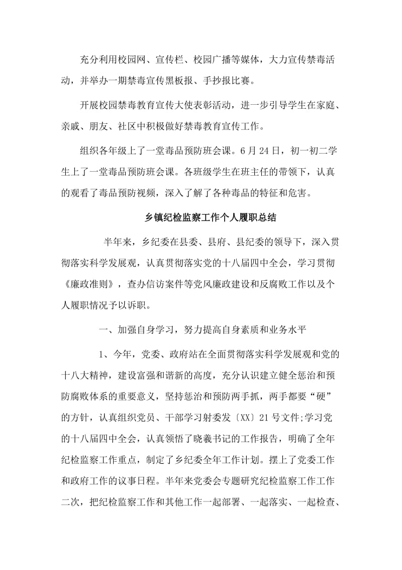 第32个国际禁毒日主题宣传+乡镇纪检监察工作个人履职总结合集.doc_第3页