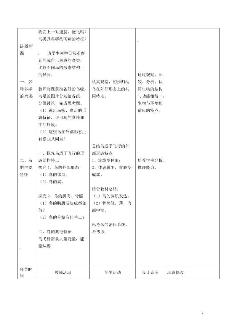 吉林省双辽市八年级生物上册第五单元第一章第六节鸟教案新版新人教版20170719463.doc_第2页