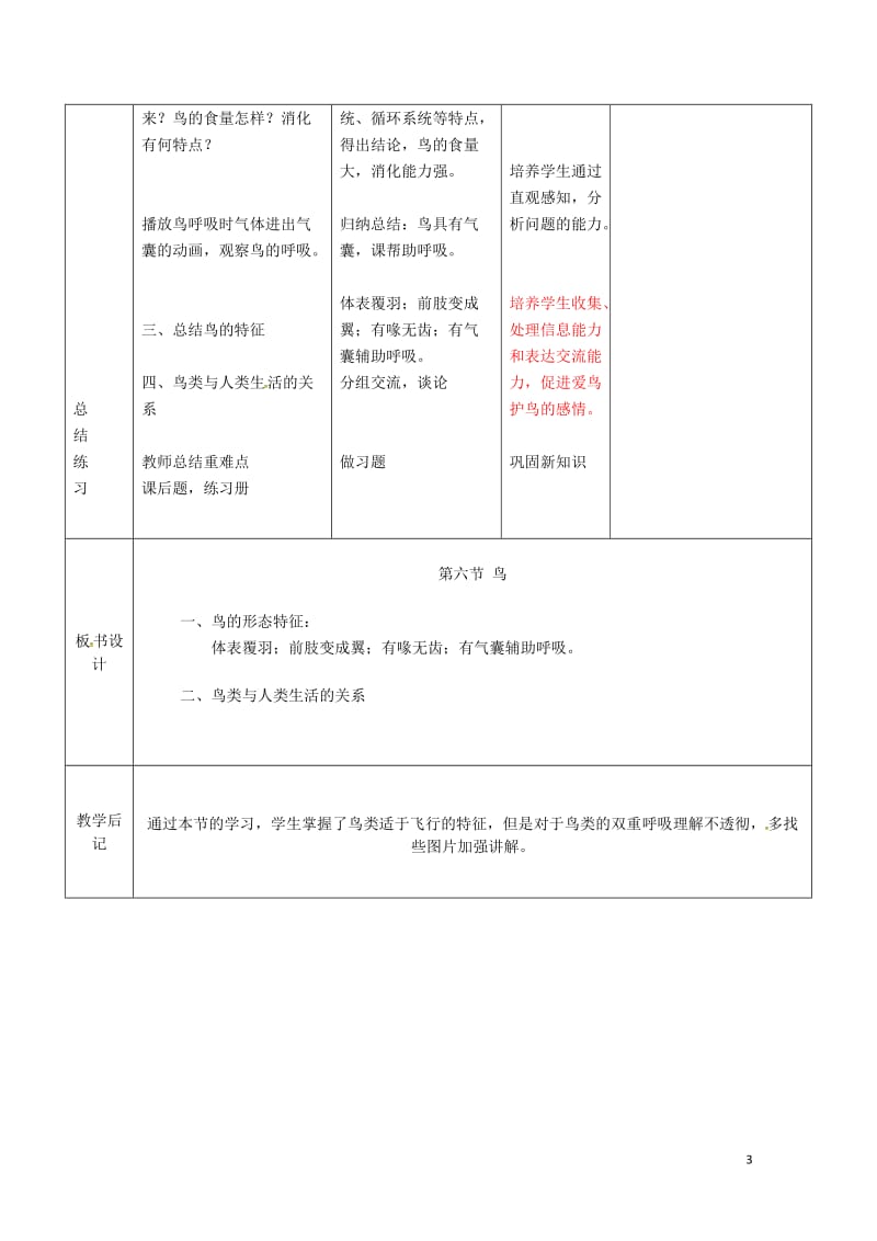 吉林省双辽市八年级生物上册第五单元第一章第六节鸟教案新版新人教版20170719463.doc_第3页