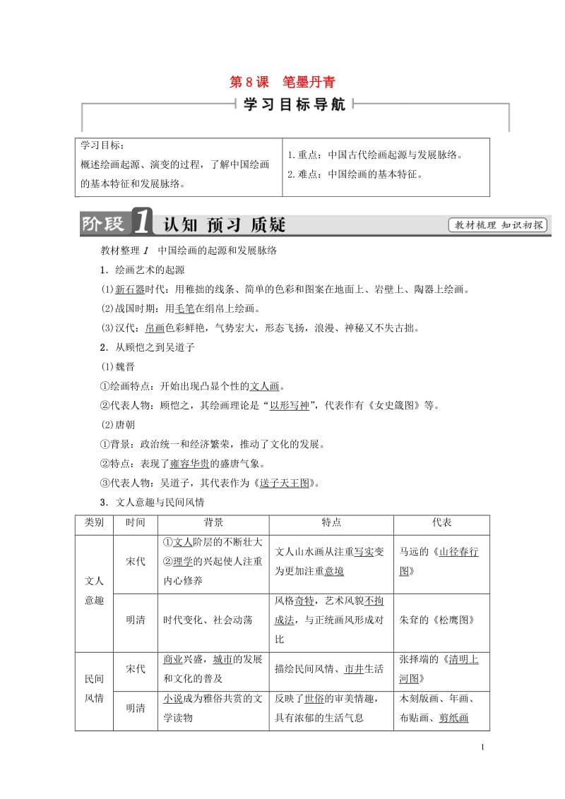 2017_2018学年高中历史第2单元中国古代文艺长廊第8课笔墨丹青学案岳麓版必修320170727.doc_第1页