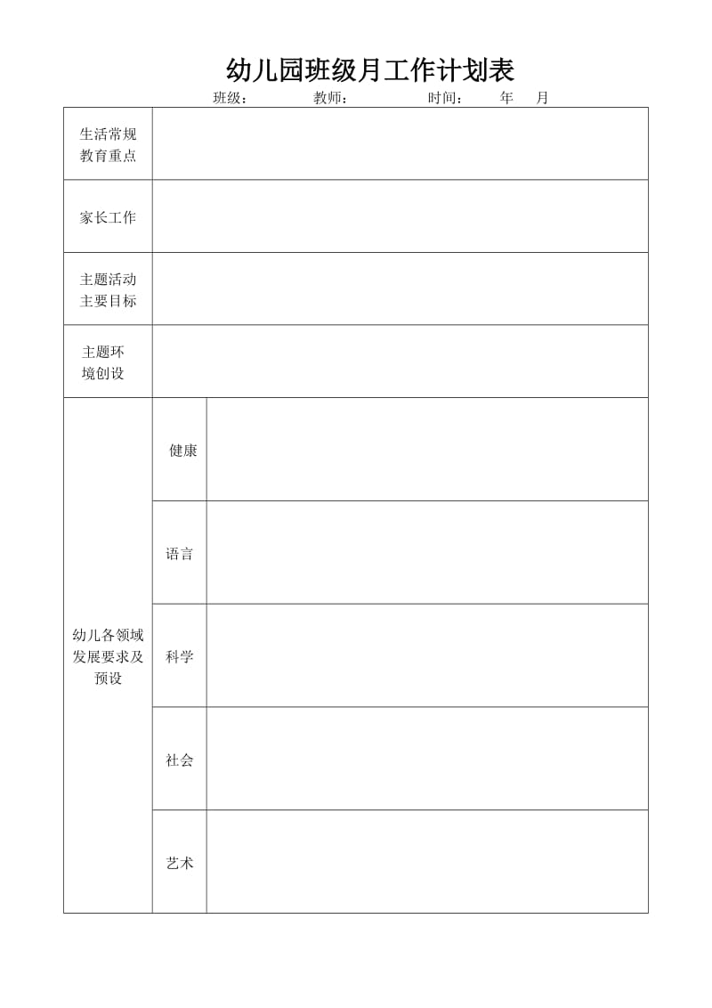 幼儿园班级月工作计划表.doc_第1页