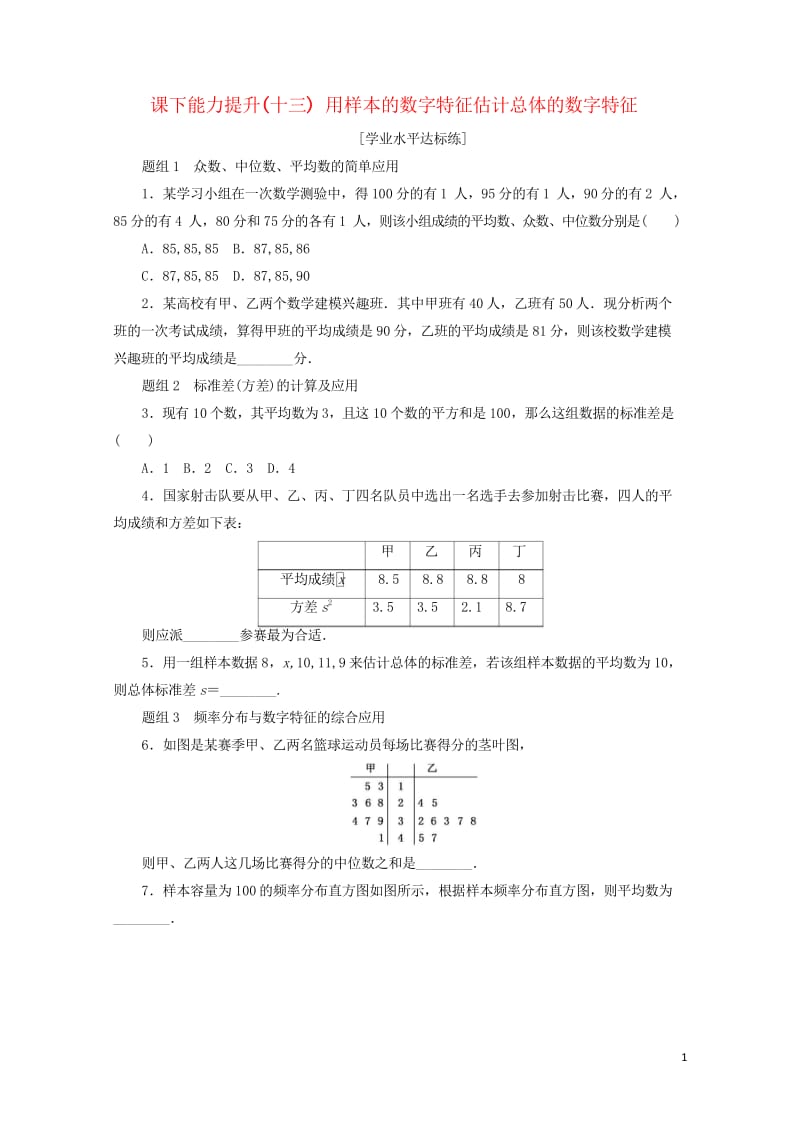 2017年高中数学课下能力提升十三用样本的数字特征估计总体的数字特征新人教A版必修320170925.wps_第1页