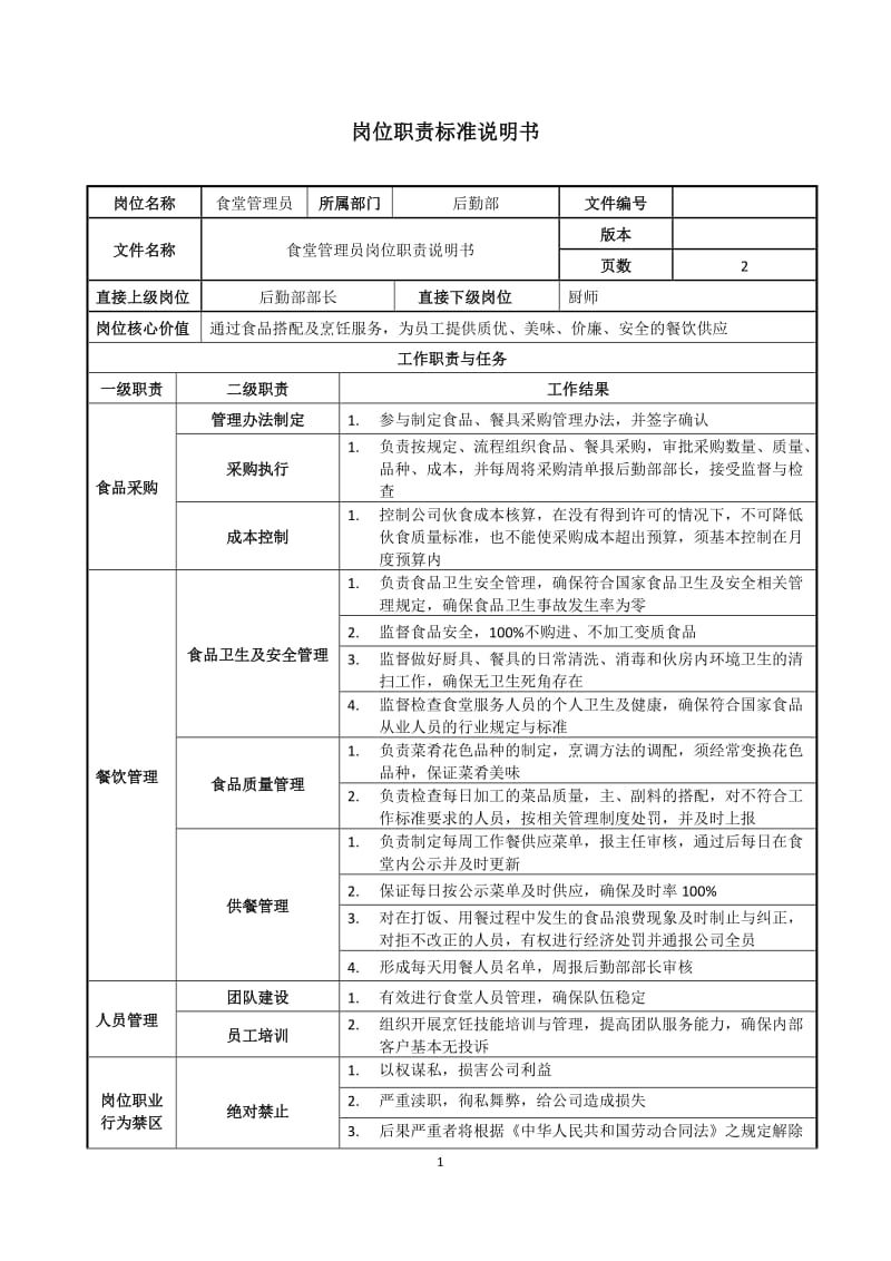 食堂管理员岗位职责说明书.doc_第1页