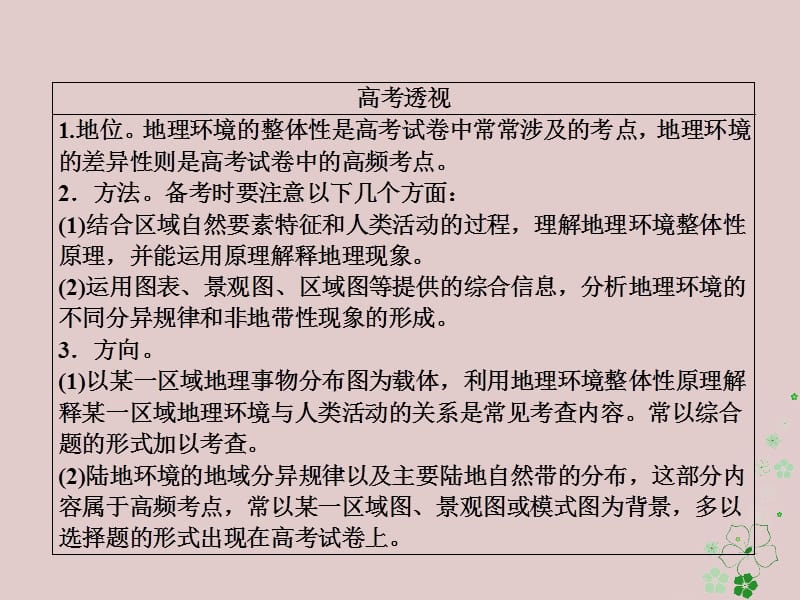 全国通用2018年高考地理二轮复习第一篇专题与热点专题一自然地理事物的特征规律原理第5讲地理环境的整体性与差异性课件.ppt_第3页