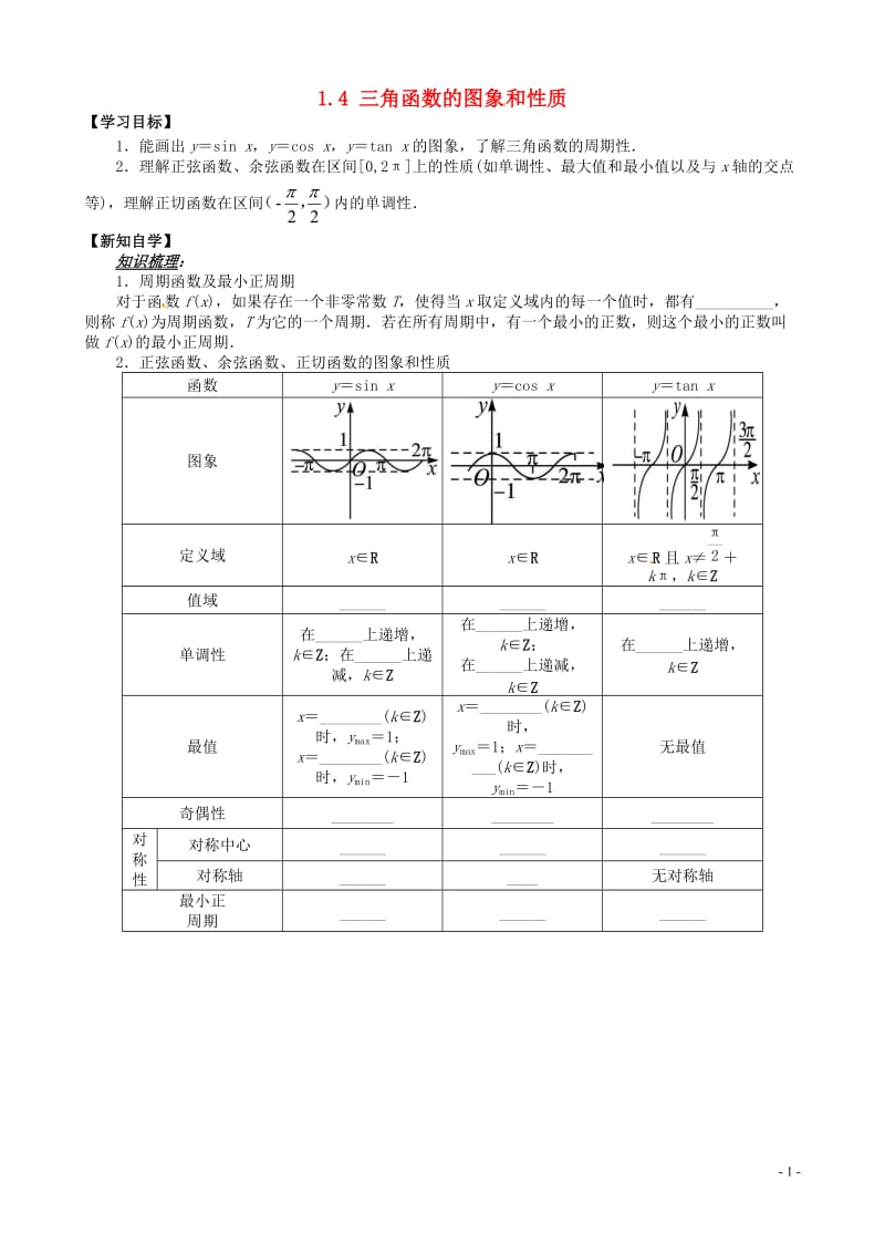 山东省平邑县高中数学第一章三角函数1.4三角函数的图象和性质小结导学案无答案新人教A版必修42017.doc_第1页