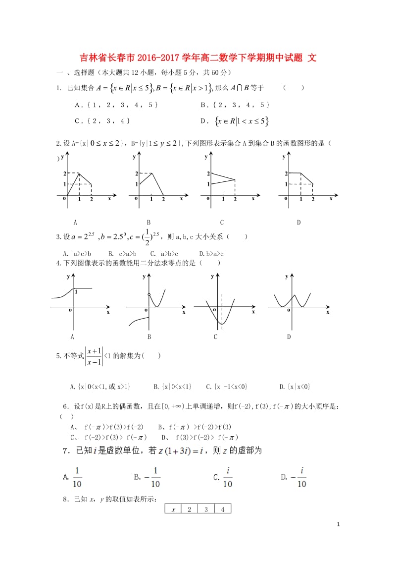 吉林省长春市2016_2017学年高二数学下学期期中试题文201707130384.doc_第1页