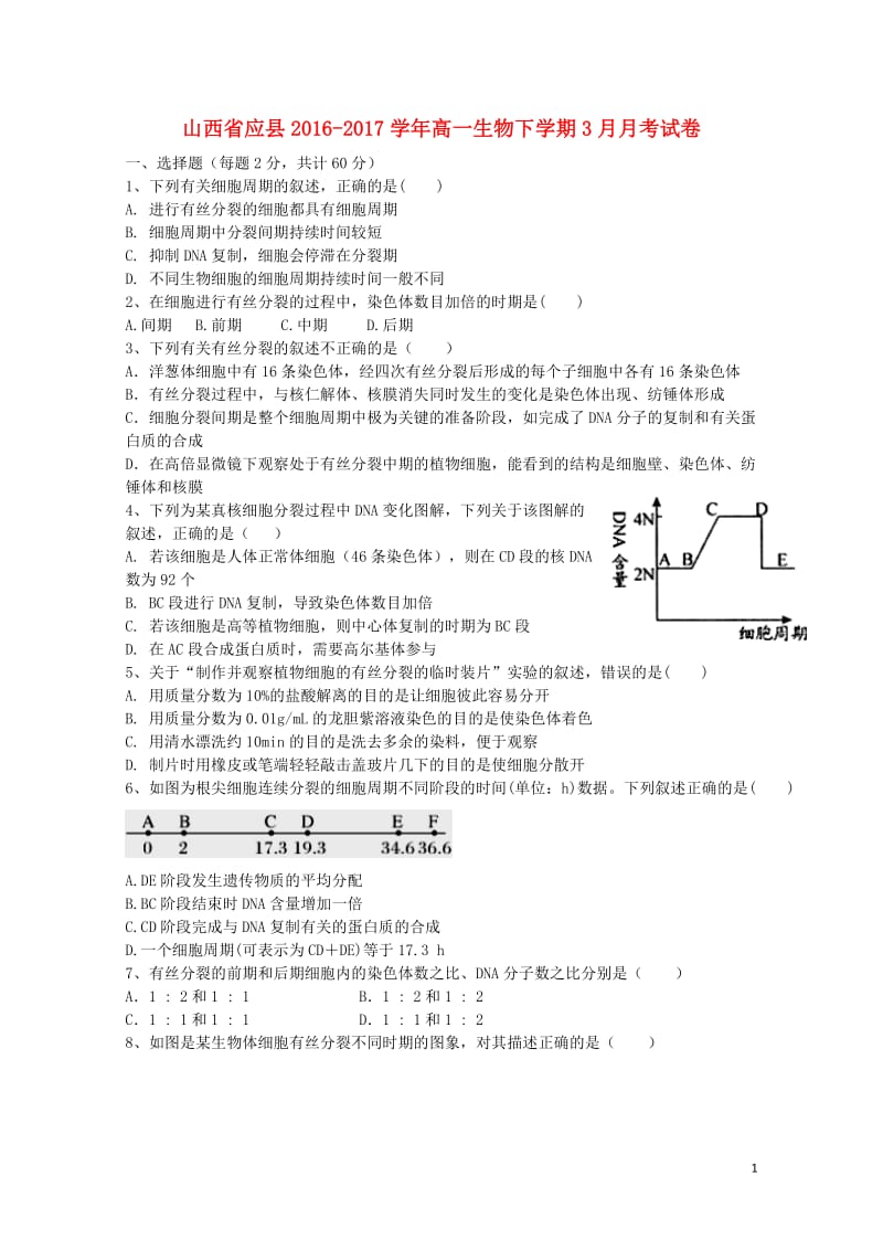 山西省应县2016_2017学年高一生物下学期3月月考试卷201707140176.doc_第1页