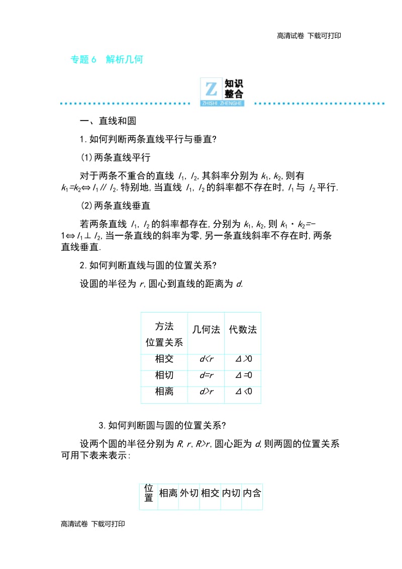 2019高考数学理科二轮复习第一篇微型专题讲义：专题6　解析几何 知识整合 Word版含解析.pdf_第1页