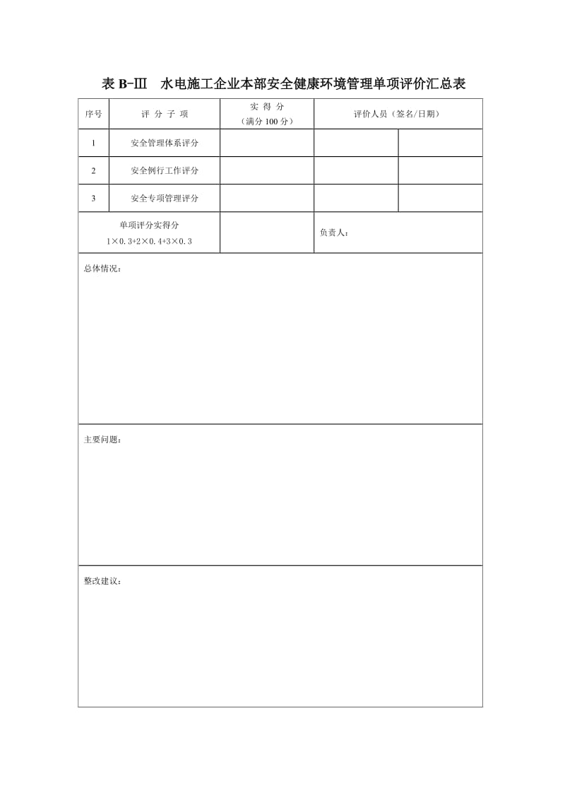 水电施工企业本部安全健康环境管理单项评价汇总表.doc_第1页