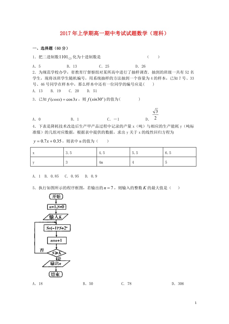 湖南省双峰县2016_2017学年高一数学下学期期中试题理201707130361.doc_第1页