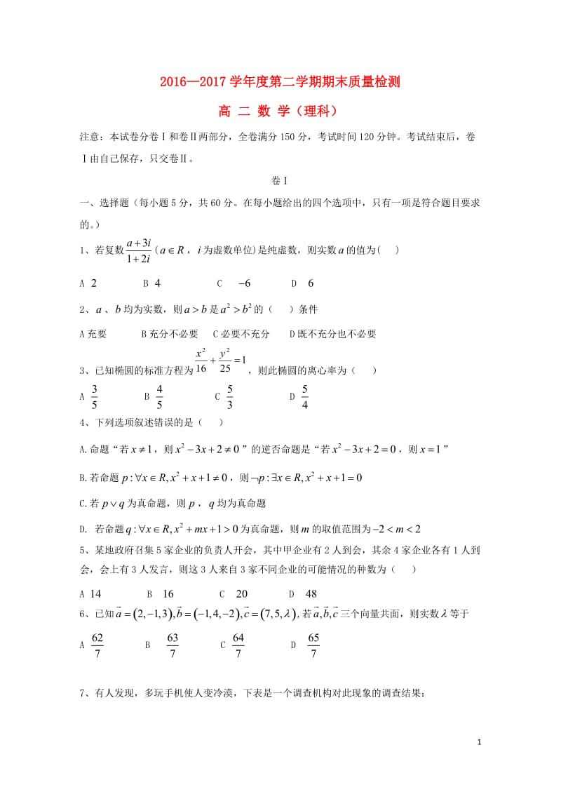 河北省秦皇岛市卢龙县2016_2017学年高二数学下学期期末考试试题理201707120369.doc_第1页