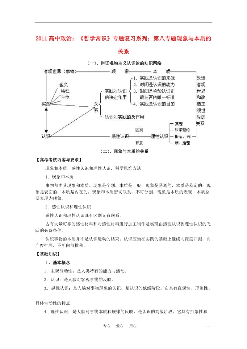 2011高中政治 《哲学常识》专题复习系列 第八专题现象与本质的关系.doc_第1页