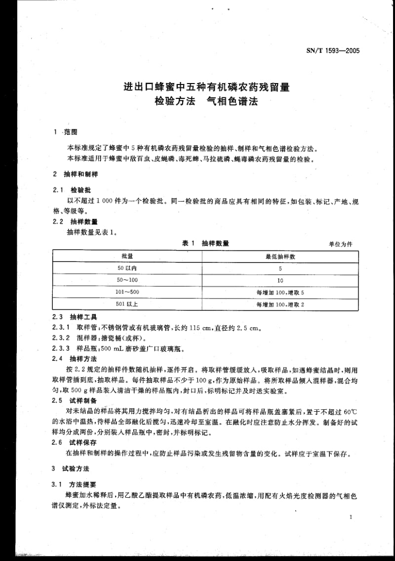 SNT 1593-2005 进出口蜂蜜中五种有机磷农药残留量检验方法 气相色谱法1.pdf_第3页