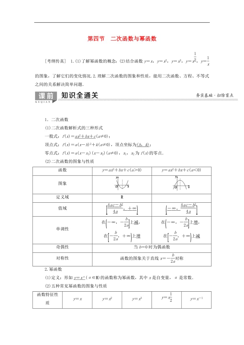 2020版高考数学一轮复习第2章函数导数及其应用第4节二次函数与幂函数教学案含解析.pdf_第1页