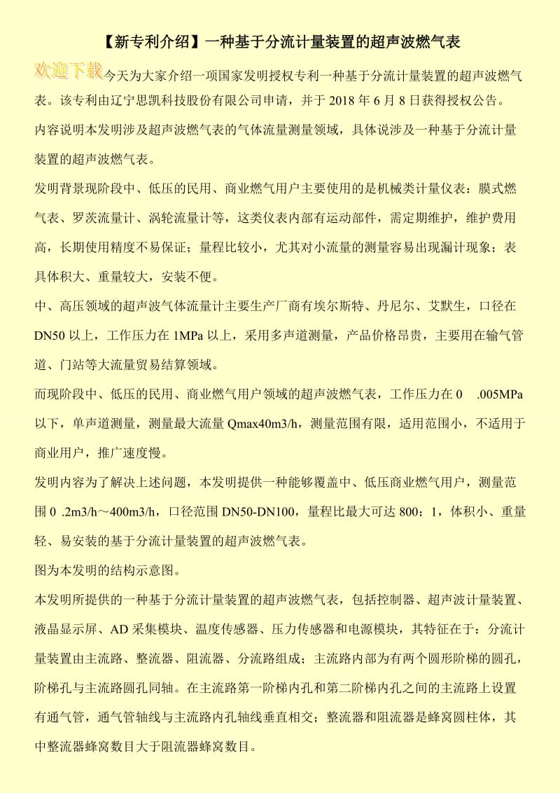 【新专利介绍】一种基于分流计量装置的超声波燃气表.doc_第1页