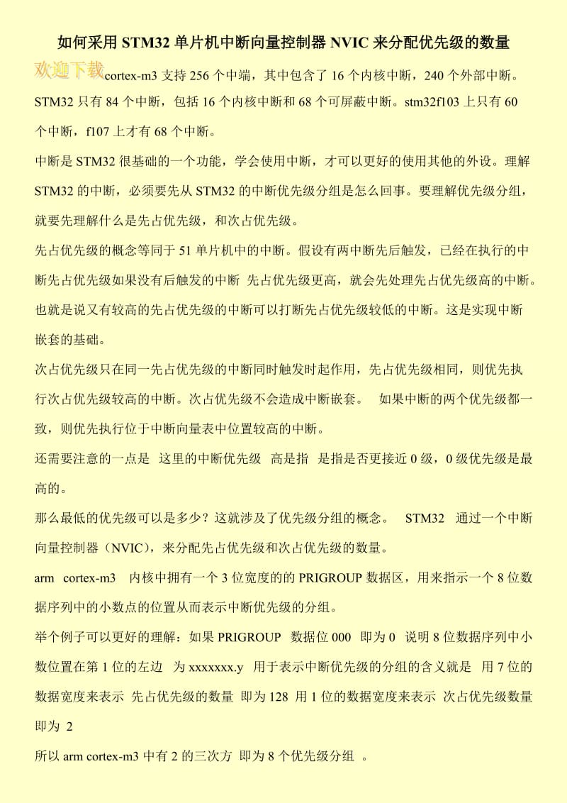 如何采用STM32单片机中断向量控制器NVIC来分配优先级的数量.doc_第1页