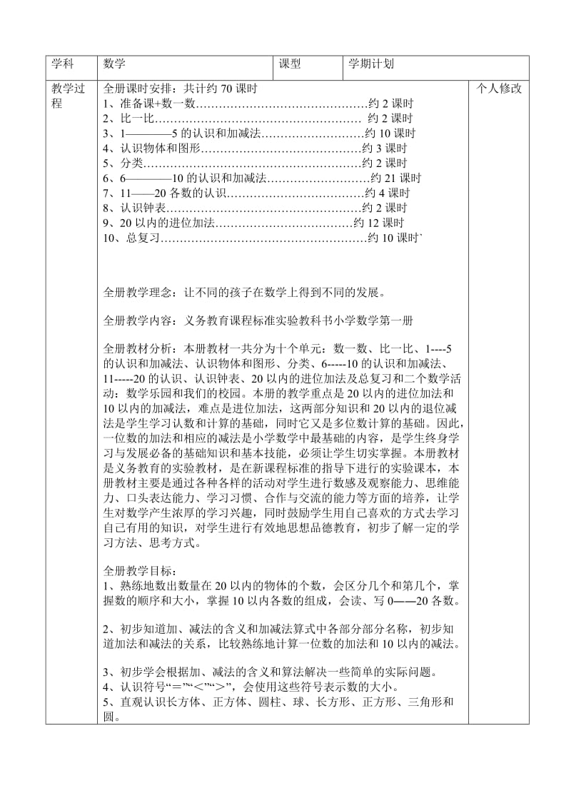 人教版小学一年级上册数学全册教案表格式　.doc_第1页