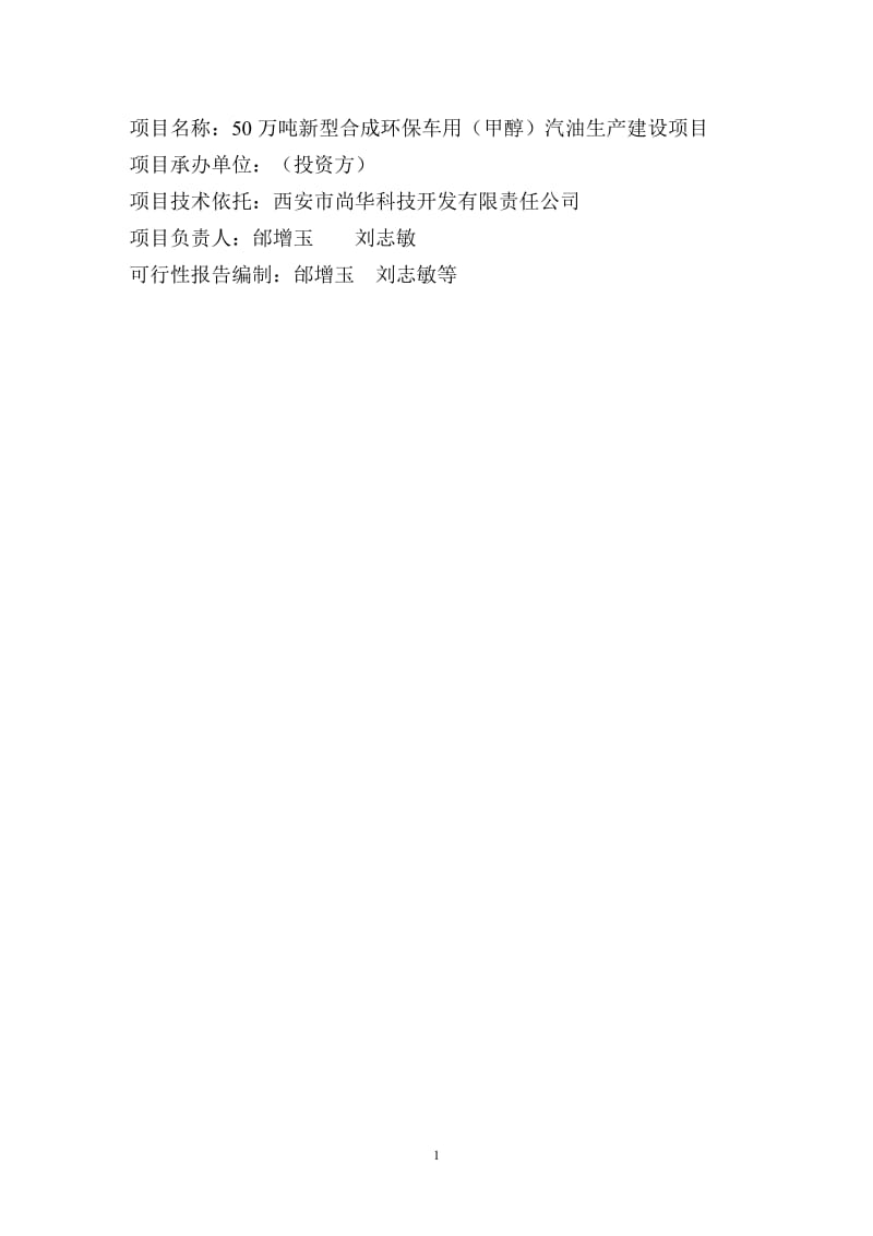 50万吨新型合成环保车用（甲醇）汽油生产建设项目 可行性研究报告.doc_第1页