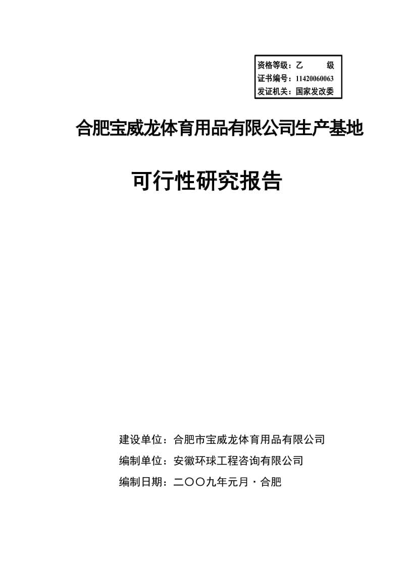 合肥宝威龙体育用品有限公司生产基地可行性研究报告.doc_第1页