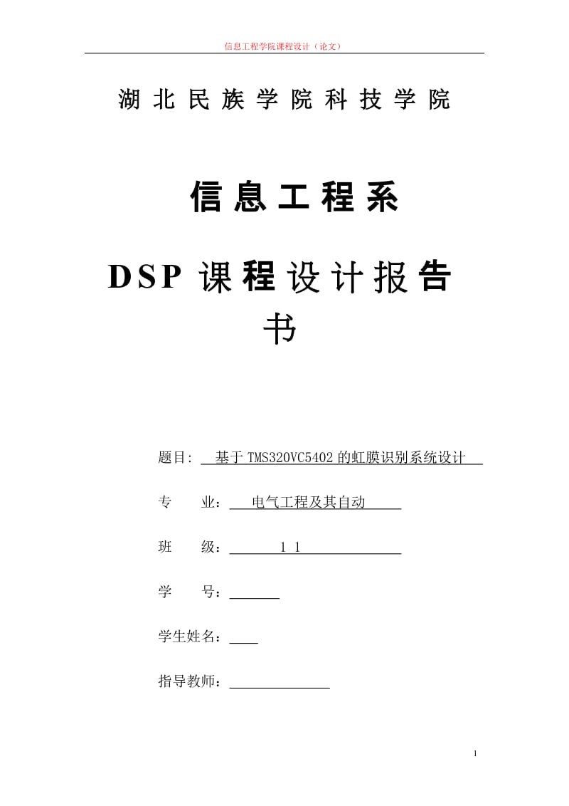 DSP课程设计报告书-基于TMS320VC5402的虹膜识别系统设计.doc_第1页