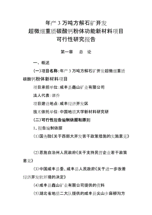 年产3万吨方解石矿开发超微细重质碳酸钙粉体功能新材料项目可行性研究报告.doc