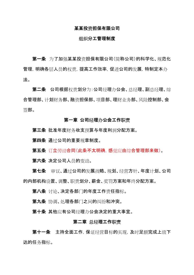 担保投资公司组织分工管理制度.doc_第1页