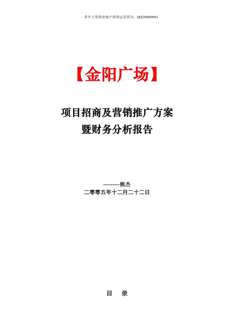 湖南金阳广场项目招商及营销推广方案暨财务分析报告（89页） .doc_第1页