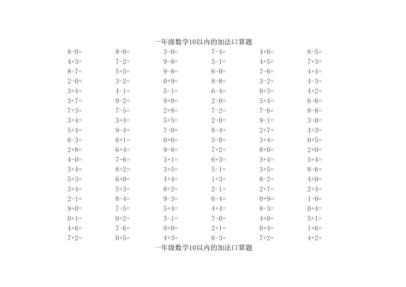 人教版小学一年级10以内数学加减法综合测试.xls_第1页