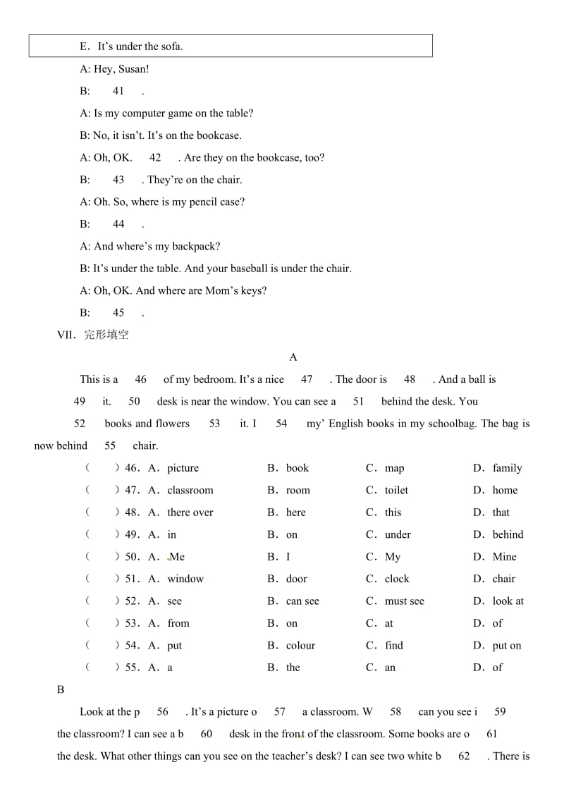 新目标七年级上Unit4 Where’s my backpack单元测试综合AB卷（含答案）.doc_第3页