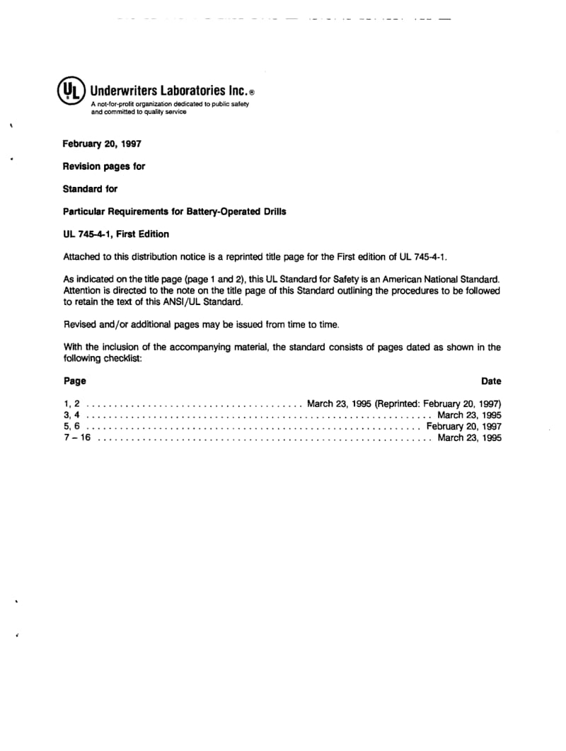 【UL标准】UL 745-4-1-1995 Standard for Particular Requirements for Battery-Operated Drills.doc_第1页