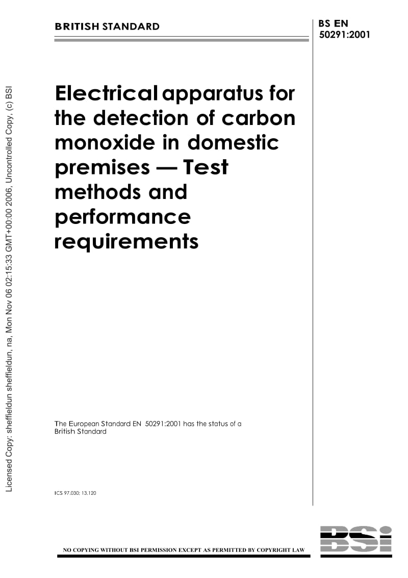 （BS英国标准）BS EN 50291-2001 Electrical apparatus for the detection of carbon monoxide in domestic premises — Test methods and performance requirements.doc_第1页