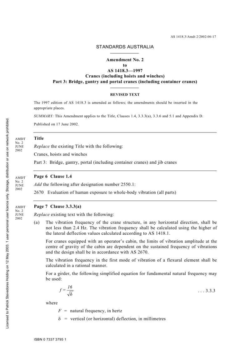 【AS澳大利亚标准】AS 1418.3-1997 Amdt 2-2002 Cranes (including hoists and winches) Part 3 Bridge, gantry and portal cranes (including container cranes).doc_第1页