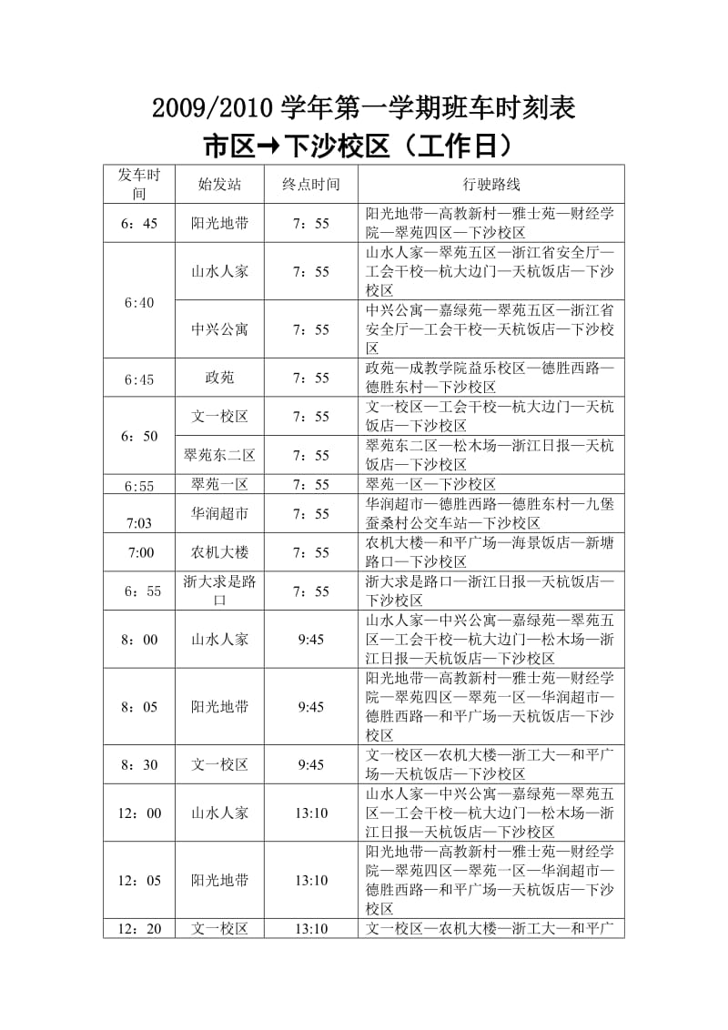 20092010学年第一学期班车时刻表.doc_第1页