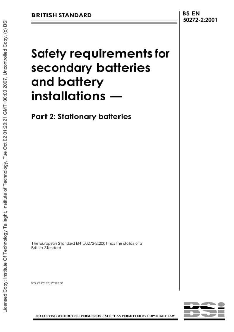 （BS英国标准）BS EN 50272-2-2001 二次蓄电池和电池装置的安全要求.二次蓄电池 (Safety requirements for secondary batteries and battery installations - Stationary batteries).doc_第1页