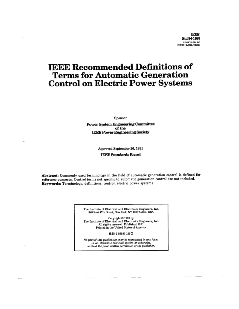 【精品文档】IEEE Std 94-1991 IEEE recommended definitions of terms for automatic generation control on electric power systems.doc_第1页