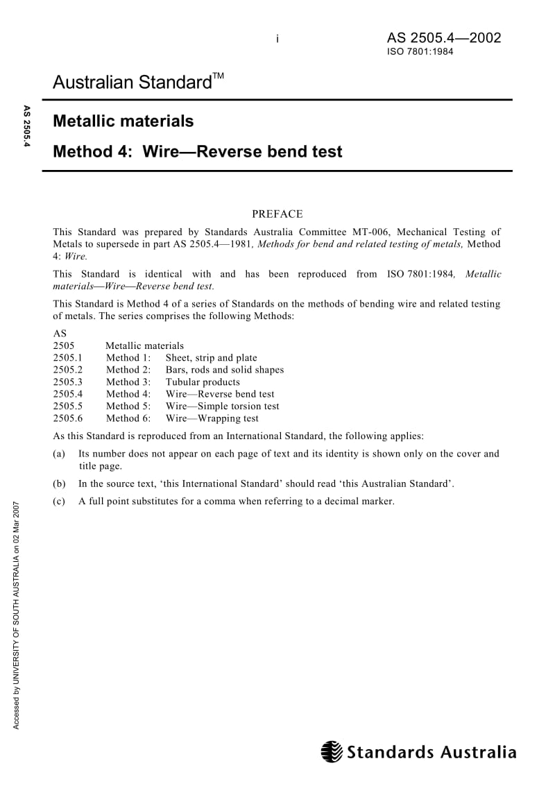 【AS澳大利亚标准】AS 2505-4-2002 Metallic materials Method 4 Wire—Reverse bend test.doc_第1页