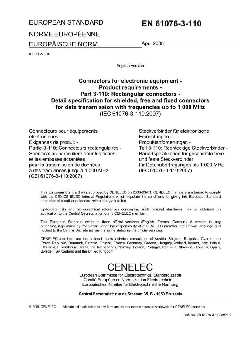 【BS英国标准】BS EN 61076-3-110-2008 Product requirements. Rectangular connectors. Detail specification for shielded, free and fixed connectors for data transmission with frequencies up to 1 000 MHz.doc_第3页