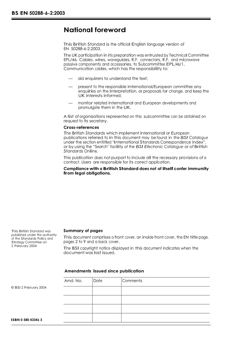 （BS英国标准）BS EN 50288-6-2-2003 用于模拟和数字通信和控制的多元件金属电缆.第6-2部分250 MHz及以下的非屏蔽电缆的分规范.工作区域和中继电缆.doc_第2页